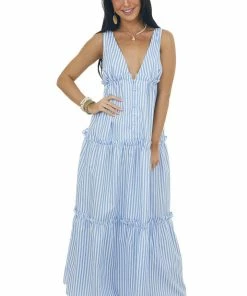 Vine & Love Cornflower And Ivory Striped Print Maxi Dress