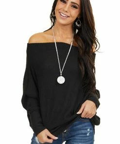American Chic Black Soft Waffle Knit Off The Shoulder Long Sleeve Top 26 American Chic Black Soft Waffle Knit Off The Shoulder Long Sleeve Top