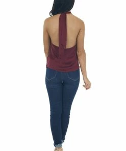 LE LIS Maroon Floral Textured Halter Neck Top
