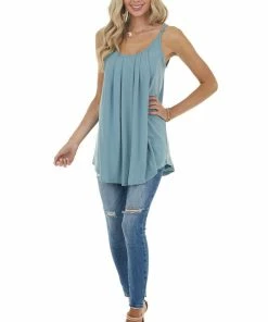 ZENANA Dusty Teal Sleeveless Knit Top With Pleated Neckline Tops 27 ZENANA Dusty Teal Sleeveless Knit Top With Pleated Neckline Tops