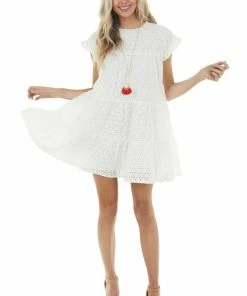 Hayden Off White Eyelet Woven Short Dress With Ruffle Sleeves