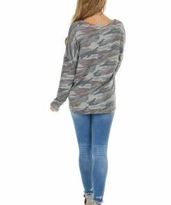 143 Story Stone Grey Camo Henley Waffle Knit Top With Long Sleeves