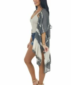 Umgee Shimmery Graphite Tie Dye Kimono With Back Tie Tops