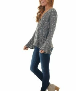 143 Story Stone Grey Ditsy Floral Surplice Soft Knit Top Tops