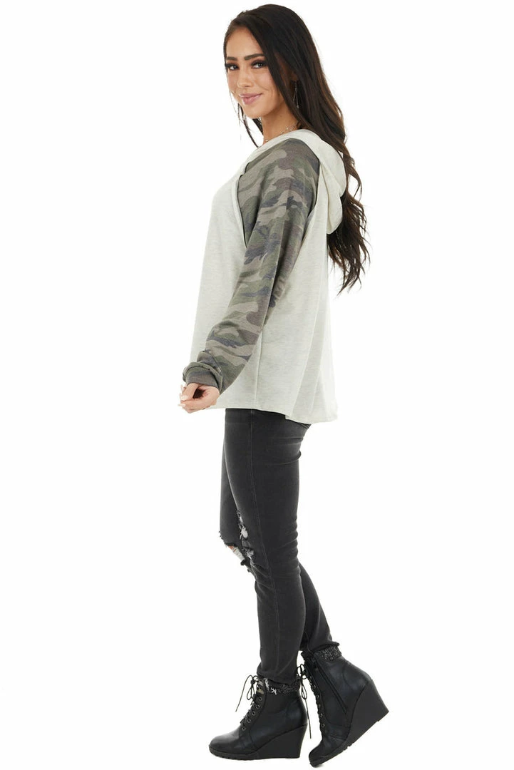 12PM Tops Oatmeal Hoodie Knit Top With Camo Print Contrast Sleeves 12 12PM Tops Oatmeal Hoodie Knit Top With Camo Print Contrast Sleeves