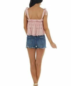 LE LIS Dusty Pink Floral Eyelet Lace Sleeveless Top With Strap Ties Tops