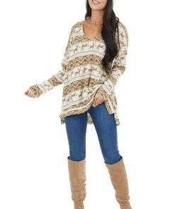 Lovely J Camel And Ivory Holiday Print Oversized Long Sleeve Top 31 Lovely J Camel And Ivory Holiday Print Oversized Long Sleeve Top