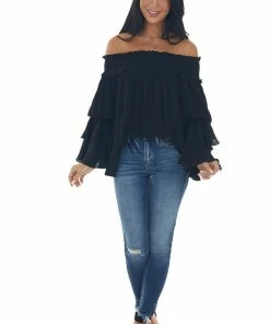 Easel Black Off Shoulder Tiered Ruffle Sleeve Top