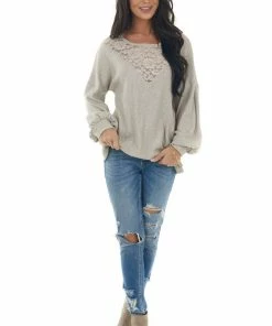 BiBi Latte Waffle Knit Long Sleeve Sheer Lace Top Tops