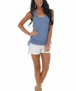 143 Story Catalina Blue Striped Sleeveless Top With Ruched Side Detail Tops