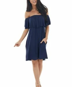 Sweet Lovely Navy Off The Shoulder Mini Dress With Ruffle Overlay