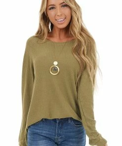 Supreme Fashion Tops Olive Long Sleeve Waffle Knit Top With Rounded Neckline