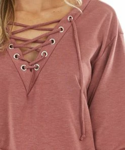 BiBi Tops Marsala Long Sleeve Knit Top With Lace Up V Neck Detail