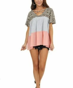 Main Strip Tops Grey Coral And Leopard Print Top With Criss Cross Neckline