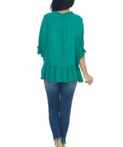 Umgee Tops Kelly Green Textured Blouse With Ruffle Details And Neck Tie
