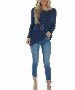FSL APPAREL Navy Long Sleeve Stretchy Knit Top With Boat Neckline 33 FSL APPAREL Navy Long Sleeve Stretchy Knit Top With Boat Neckline
