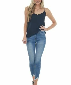 143 Story Black Scalloped Woven Top With Side Slits