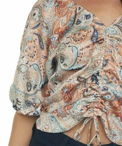 Peach Love Tops Peach Paisley Ruched Front Cropped Blouse 32 Peach Love Tops Peach Paisley Ruched Front Cropped Blouse