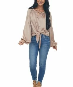 Peach Love Beige Notch Neck Front Tie Loose Satin Blouse
