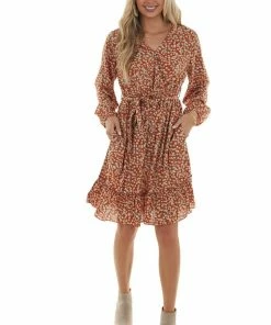 Davi & Dani Rust Floral Long Sleeve Surplice Neck Dress Dresses