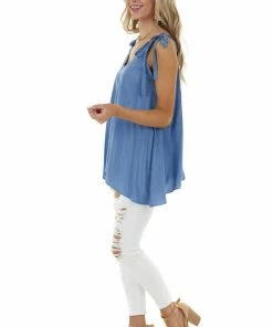 L Love Dusty Blue Sleeveless Woven Satin Blouse With Tie Straps Tops 25 L Love Dusty Blue Sleeveless Woven Satin Blouse With Tie Straps Tops