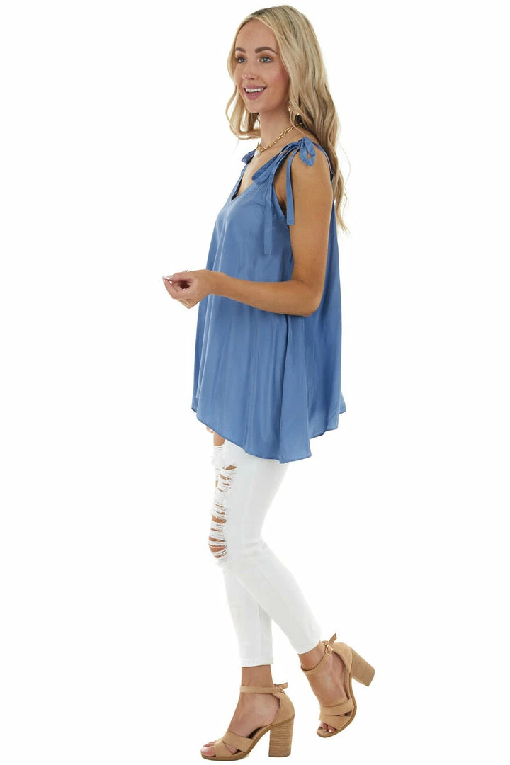 L Love Dusty Blue Sleeveless Woven Satin Blouse With Tie Straps Tops 13 L Love Dusty Blue Sleeveless Woven Satin Blouse With Tie Straps Tops