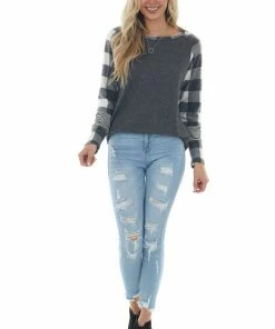 Lovely Melody Tops Off White Multiprint Contrast Brushed Knit Top