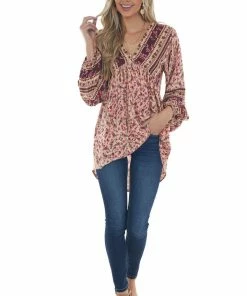 Umgee Tops Peach Floral Babydoll Bubble Sleeve Blouse