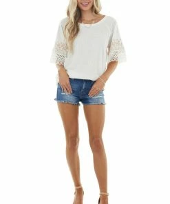 BiBi Tops Ivory Leopard Print Short Sleeve Waffle Knit Top With Lace