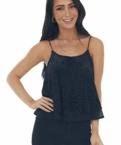 She + Sky Black Velvet Leopard Print Sleeveless Top