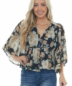 Entro Black Floral Flare Sleeve V Neck Babydoll Top Tops