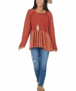 Umgee Brick Long Sleeve Babydoll Top With Raw And Frayed Detail Tops
