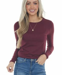 ZENANA Maroon Solid Soft Knit Top With Long Sleeves