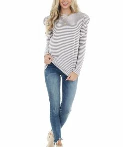 Doe & Rae Mocha And Ivory Striped Long Sleeve Top With Ruffle Detail