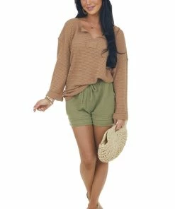 Jodifl Camel Waffle Knit Notch Neck Top With Loose Long Sleeves Tops 30 Jodifl Camel Waffle Knit Notch Neck Top With Loose Long Sleeves Tops