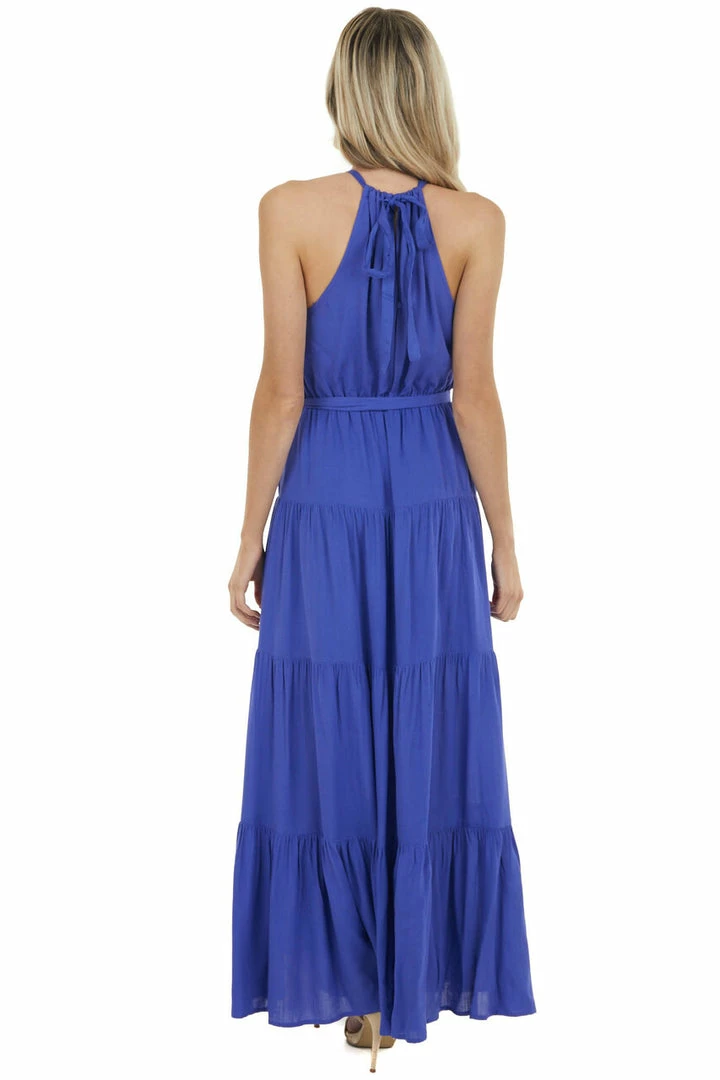 Bluivy Indigo Halter Neck Tiered Maxi Dress With Tie Detail Dresses 14 Bluivy Indigo Halter Neck Tiered Maxi Dress With Tie Detail Dresses