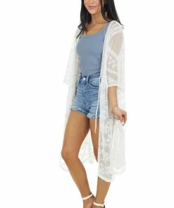 Davi & Dani Kimonos Eggshell Floral Lace Sheer Kimono With Front Tie Detail 32 Davi & Dani Kimonos Eggshell Floral Lace Sheer Kimono With Front Tie Detail