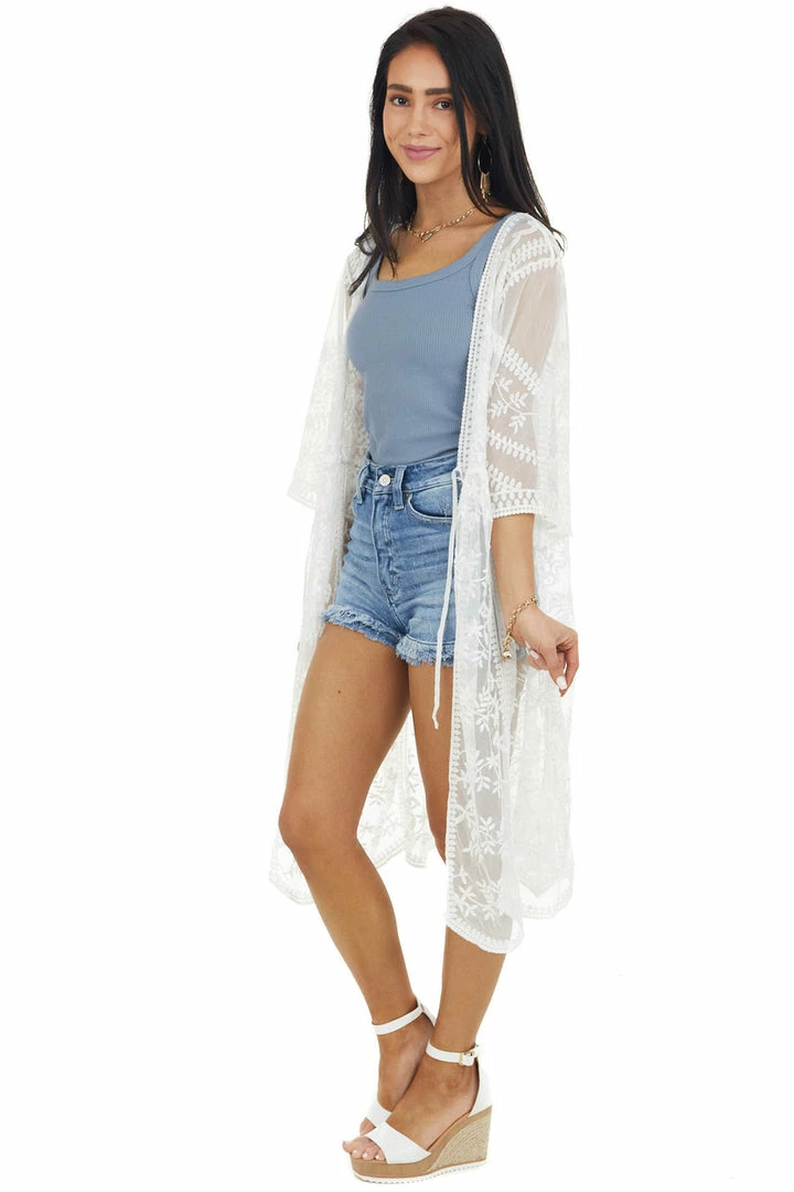 Davi & Dani Kimonos Eggshell Floral Lace Sheer Kimono With Front Tie Detail 17 Davi & Dani Kimonos Eggshell Floral Lace Sheer Kimono With Front Tie Detail