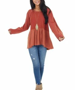 Umgee Brick Long Sleeve Babydoll Top With Raw And Frayed Detail Tops