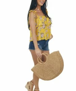 Fantastic Fawn Tops Marigold Floral Print Shoulder Tie Strap Tank