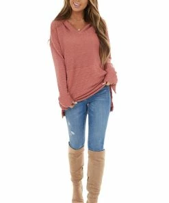 First Love Dusty Rose Stretchy Waffle Knit Hooded Long Sleeve Top