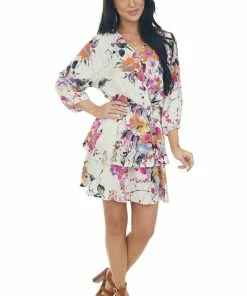 Umgee Cream Floral Surplice Neck Mini Dress With Long Sleeves Dresses