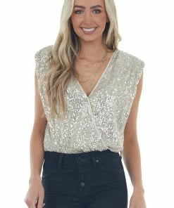 She + Sky Cream Sequined Surplice Shoulder Pad Bodysuit 23 She + Sky Cream Sequined Surplice Shoulder Pad Bodysuit