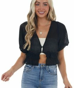 HYFVE Tops Black Plunging V Neck Short Sleeve Blouse
