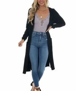 Style Melody Tops Black Longline Open Front Knit Cardigan