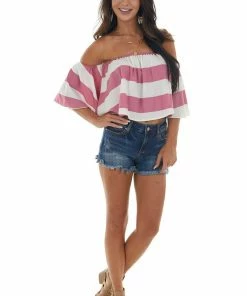 Fantastic Fawn Thulian Pink Striped Off Shoulder Flowy Top