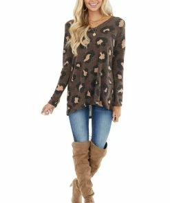 BiBi Chocolate Leopard Print Round Neck Long Sleeve Knit Top Tops