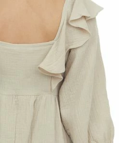 Umgee Dresses Latte 3/4 Bubble Sleeve Smocked Gauze Dress