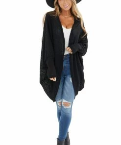 FSL APPAREL Black Waffle Knit Long Sleeve Cardigan With Cocoon Hem