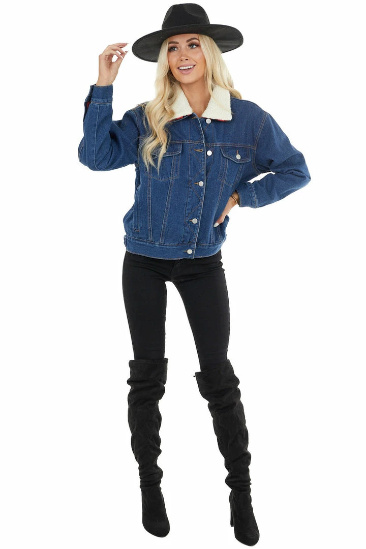 12PM Outerwear Denim Jacket With Red Buffalo Plaid Lining And Sherpa Collar 16 12PM Outerwear Denim Jacket With Red Buffalo Plaid Lining And Sherpa Collar